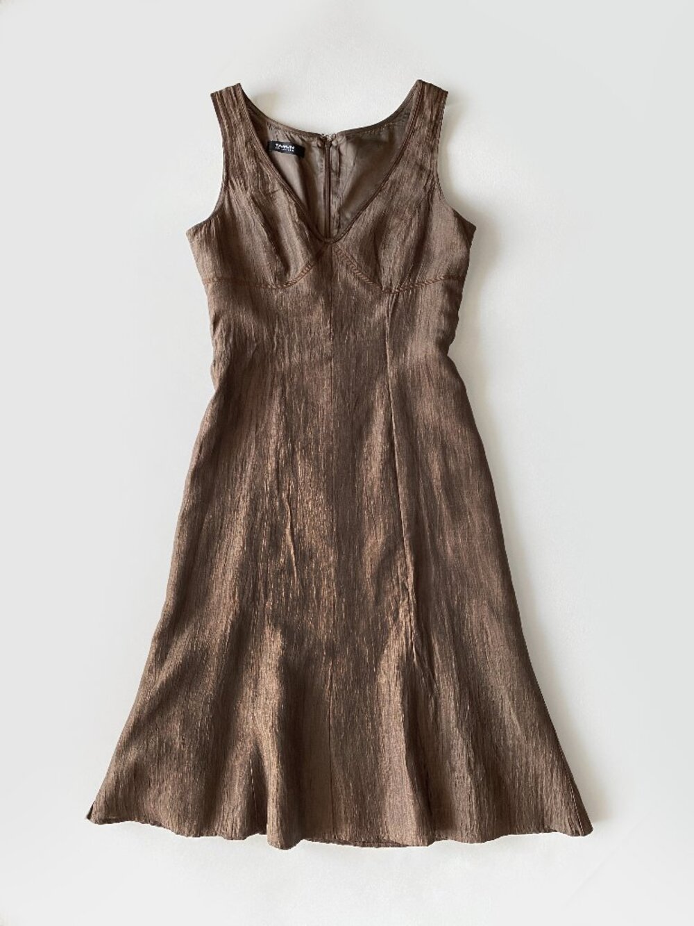 Vintage Taifun Collection Linen Blend Metallic Brown Size 6 Crinkle Midi Dress